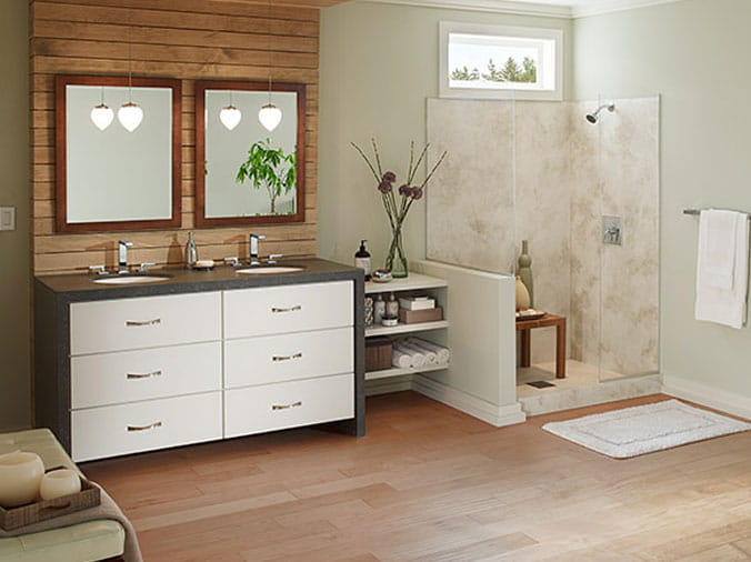 Rustick bathroom with no-wall shower stall