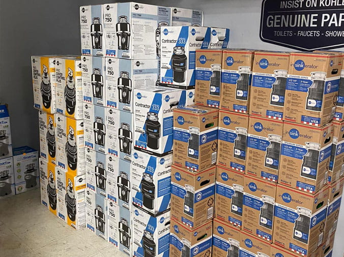 Garbage displosals stacked at Peabody Supply Watham MA