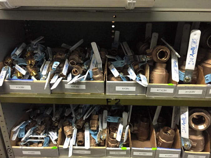 Brass plumbing valves in the Peabody Supply Watham MA warehouse